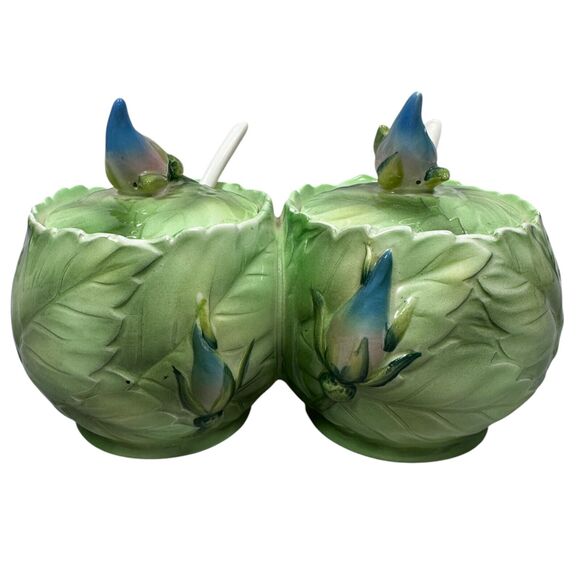 Vintage PY Japan Ceramic Anthropomorphic Condiment Containers Cabbage Rose Bird - Picture 3 of 12